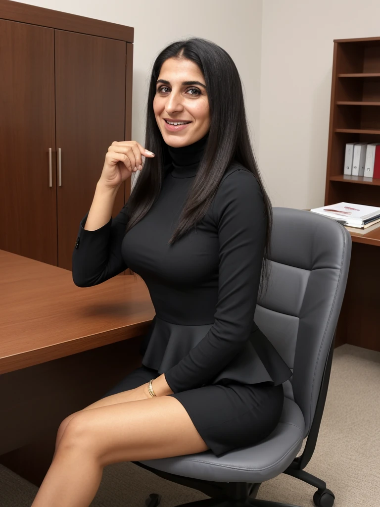 her name is Fatima, a middle-aged Syrian woman, (((snub nose))), (30 years old), (wrinkles), 1girl, solo, (black long hair), smile, wearing peplum dress inside her office, sitting, wide shot, upper body and upper legs
