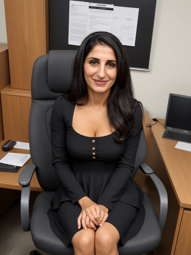 her name is Fatima, a middle-aged Syrian woman, (((snub nose))), (30 years old), (wrinkles), 1girl, solo, (black long hair), smile, wearing peplum dress inside her office, sitting, wide shot, upper body and upper legs