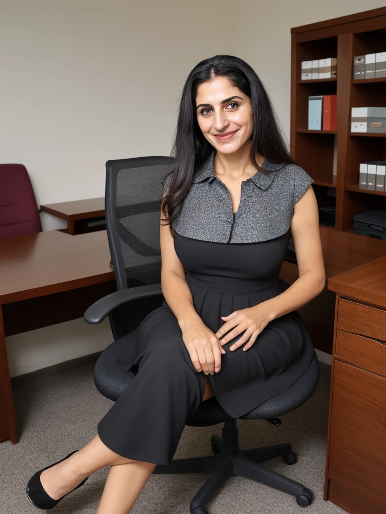 her name is Fatima, a middle-aged Syrian woman, (((snub nose))), (30 years old), (wrinkles), 1girl, solo, (black long hair), smile, wearing peplum dress inside her office, sitting, wide shot, upper body and upper legs