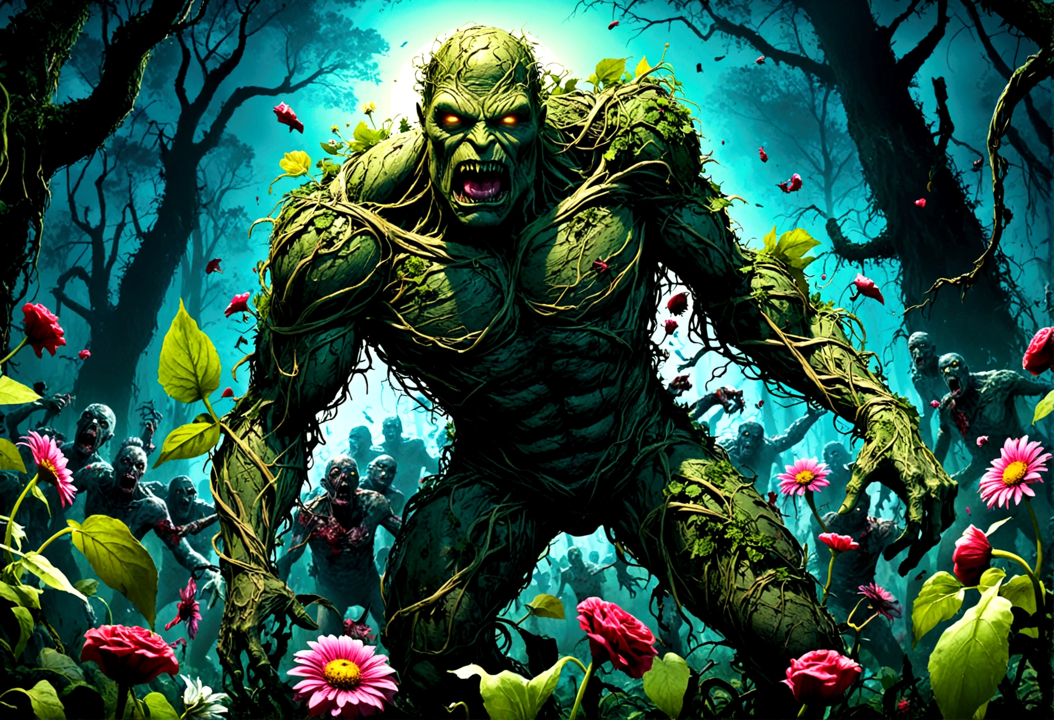 DC character Swamp Thing (vines, flowers, powerful human form) is in battle with a horde of Zombies. broken zombie parts flying. horror comic. night forest
