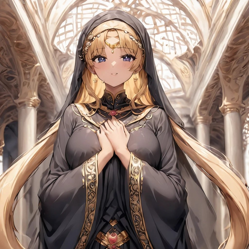 ((Highest quality)), ((masterpiece)), (detailed), （Perfect Face）、The woman is a devout Muslim Tsukino Usagi, an Arab with vivid brown skin, and is in an Islamic prayer hall wearing a gorgeous black abaya with gold embroidery, a gorgeous black hijab that is tightly covered, a gorgeous hair ornament, gorgeous jeweled accessories and an engagement ring. The woman and the man are in a gorgeous palace, and the woman is in an Islamic prayer hall with a middle-aged Arab Muslim man with a dignified beard wearing Arab national costume.、The woman is the elegant Tsukino Usagi, with long blonde hair in a chignon twin tail, wearing a black abaya and a gorgeous black hijab tightly covering her body. She is a devout Muslim, bright brown-skinned Arab woman.、（The woman is a dark-skinned Arab devout Muslim named Tsukino Usagi.）