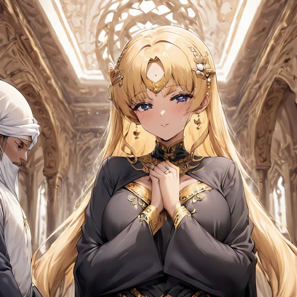 ((Highest quality)), ((masterpiece)), (detailed), （Perfect Face）、The woman is a devout Muslim Tsukino Usagi, an Arab with vivid brown skin, and is in an Islamic prayer hall wearing a gorgeous black abaya with gold embroidery, a gorgeous black hijab that is tightly covered, a gorgeous hair ornament, gorgeous jeweled accessories and an engagement ring. The woman and the man are in a gorgeous palace, and the woman is in an Islamic prayer hall with a middle-aged Arab Muslim man with a dignified beard wearing Arab national costume.、The woman is the elegant Tsukino Usagi, with long blonde hair in a chignon twin tail, wearing a black abaya and a gorgeous black hijab tightly covering her body. She is a devout Muslim, bright brown-skinned Arab woman.、（The woman is a dark-skinned Arab devout Muslim named Tsukino Usagi.）
