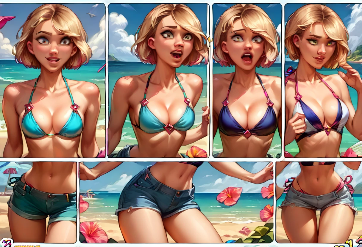 score_9, score_8_up, score_8_up, source_cartoon, (comic, sequence, 8-panel:1.5), detailed soft lighting,1girl, (short hair Gwen Stacy:1.0), cleavage, bikini top, shorts, beach, outdoors, model poses, smiling, beautiful eyes, open eyes, (masterpiece, best quality, highly detailed, beautiful).