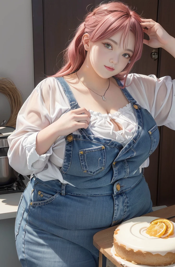 Makima de l'anime "chainsaw man", bbwchan, corps entier, magnifique et ultra détaillée. Ssbbw, obésité morbide, Cheveux rouges, yeux jaunes, visage gras, visage ultra détaillé et doux. Chemise, jupe en jean, pose dynamique, soleil. Gris ventre rond et mou