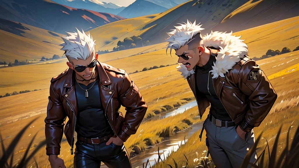 4k ultra high quality, human man, square jaw, red goggles over his eyes, white hair high top cut shaved on the sides, brown bomber leather jacket with white fur collar, black shirt and pants, distraught look on his face shouting, shocked, standing in field of mud tall yellow grass