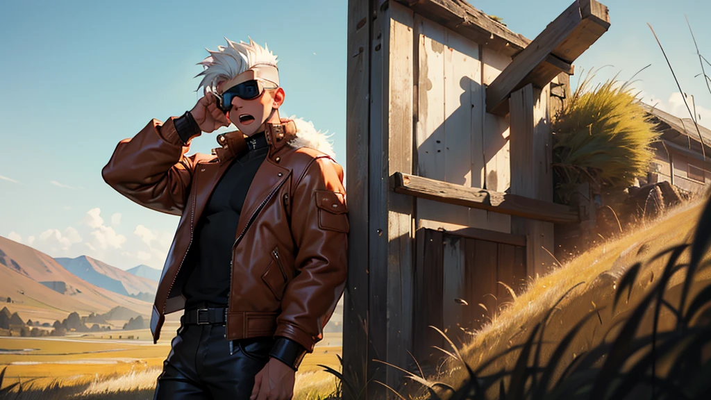 4k ultra high quality, human man, square jaw, red goggles over his eyes, white hair high top cut shaved on the sides, brown bomber leather jacket with white fur collar, black shirt and pants, distraught look on his face shouting, shocked, standing in field of mud tall yellow grass