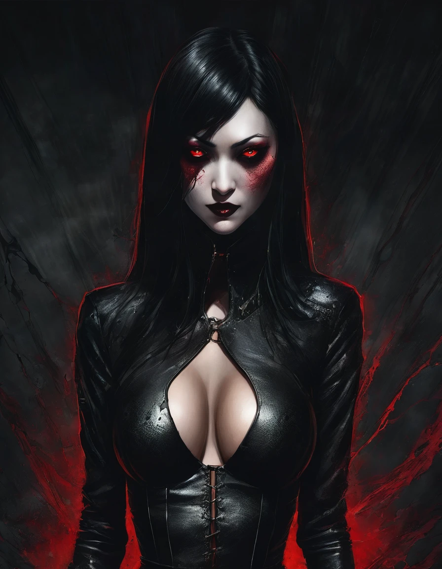 a beautiful busty Asian vampire goth woman in a torn ripped leather bodysuit revealing one breast, ultra detailed, dramatic lighting, moody dark atmosphere, cinematic quality, dark fantasy, glowing red eyes and hair