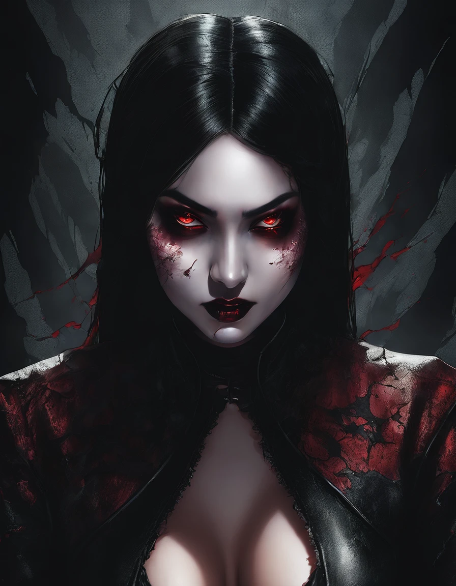 a beautiful busty Asian vampire goth woman in a torn ripped leather bodysuit revealing one breast, ultra detailed, dramatic lighting, moody dark atmosphere, cinematic quality, dark fantasy, glowing red eyes and hair