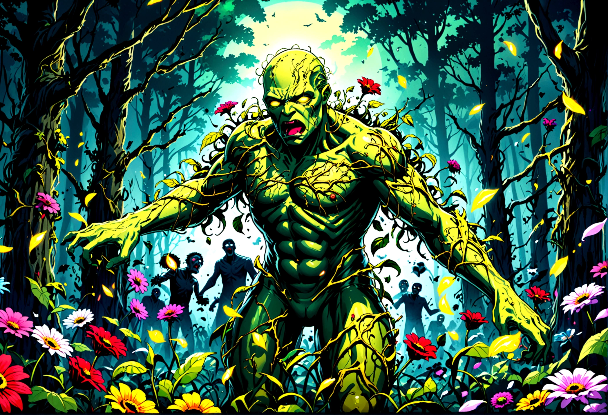 DC character Swamp Thing (vines, flowers, powerful human form) is in battle with a horde of Zombies. broken zombie parts flying. horror comic. night forest
