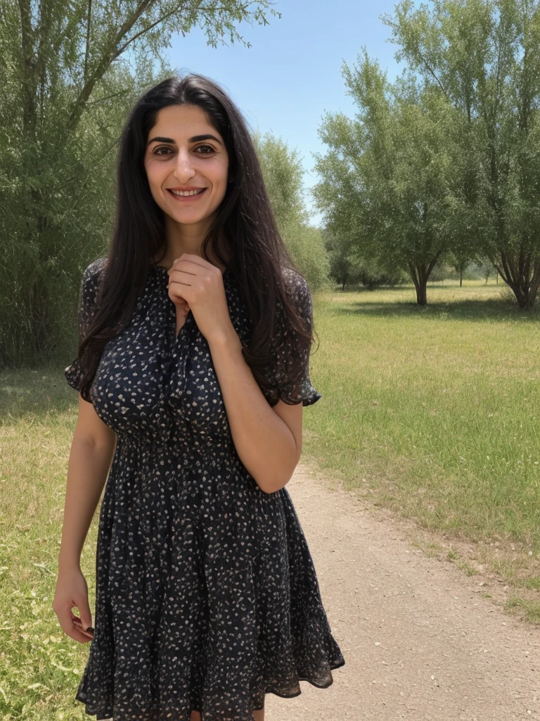 her name is Fatima, a middle-aged Syrian woman, (((snub nose))), (30 years old), (wrinkles), 1girl, solo, (black long hair), smile, wearing sundress outside warm weather outdoor, wide shot, upper body and upper legs