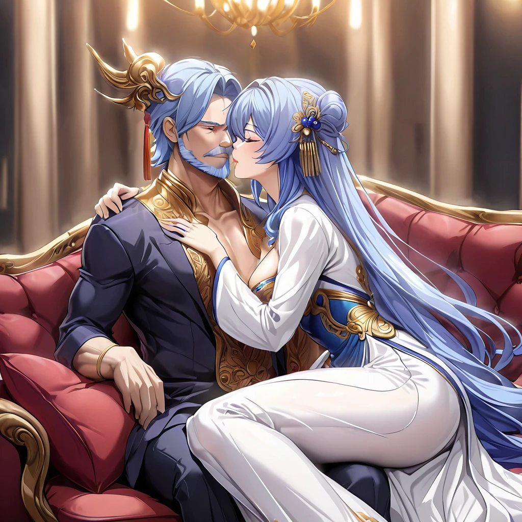 ((Highest quality)), ((masterpiece)), (detailed), (Perfect Face)、The woman is a Vietnamese beauty, wearing a gorgeous and glittering Ao Dai, a traditional Vietnamese dress with gold embroidery, a gorgeous hair ornament, gorgeous jeweled accessories and an engagement ring. The man and woman are sitting on a gorgeous, large sofa in a luxurious room, and the woman is passionately embracing and passionately kissing the dignified and bearded middle-aged Vietnamese man wearing a Vietnamese national dress, making passionate love as a married couple.、The woman is an elegant Vietnamese with medium-long blue hair.、The man is a dignified, muscular, bearded, middle-aged Vietnamese man wearing Vietnamese national dress.