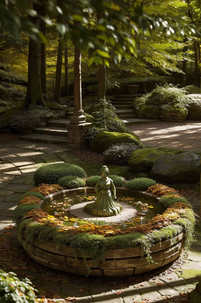 A whimsical miniature figure composed

of delicately arranged autumn leaves,

poised in a carefree dance on the rim of

a weathered, moss-covered terracotta

pot, set against a lush, vibrant forest

backdrop, where dappled sunlight filters

through the canopy above, casting

intricate shadows. The overall aesthetic

is ethereal, with warm, earthy tones of

sienna, umber, and olive green, infused

with hints of emerald and golden light,

evoking a sense of wonder and

enchantment, as if plucked from a

fantastical realm.