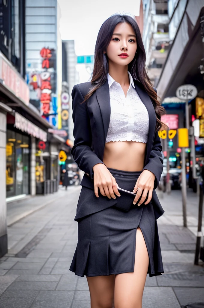 a 16 year old girl, she is the most beautiful actress in the world, the perfect body proportions of this girl, the blazer is firmly closed and buttoned up on her waist between the shirt and the short skirt, the skin of her large breasts within bra are covered 100% by the things she wears, the panties between her bare legs are seen just 1cm because the short skirt is too short to cover her crotch, it's only one description of one body, it's from right above her head to right below her shins are within frame, all her body is looking forward to viewer, she is standing at the city street, nsfw, best quality, highly detailed, masterpiece, ultra high res, photo realistic, 8k, RAW photo