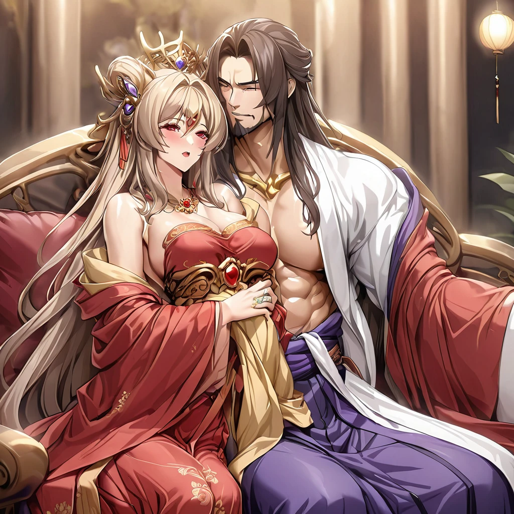((Highest quality)), ((masterpiece)), (detailed), (Perfect Face)、The woman is a Chinese beauty, wearing a gorgeous, glittering red Hanfu with lots of gold embroidery, a gorgeous hair ornament, gorgeous jeweled accessories and an engagement ring. The man and woman are sitting on a gorgeous, large sofa in a gorgeous room, and the woman is passionately embracing and passionately kissing the middle-aged Chinese man wearing a dignified and sturdy Hanfu, making passionate love as husband and wife.、The woman is an elegant Chinese beauty with blue, medium-long hair and a red Hanfu with gorgeous gold embroidery all over it.、The man is a dignified, muscular, bearded, middle-aged Chinese man wearing the traditional Chinese dress, Hanfu.