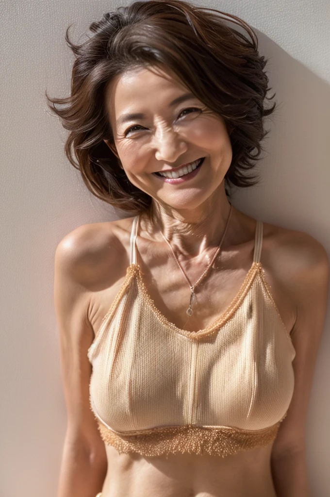 ((unparalleled masterpiece ever、top-quality、Female, 58 years old、、grin、japanese 、((Scruffy body:1.1))、halter neck bra,pantie