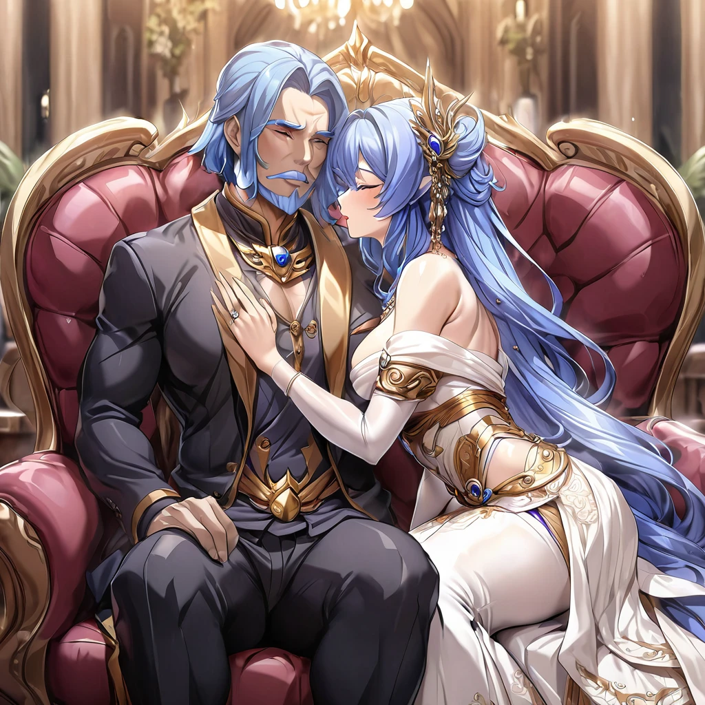((Highest quality)), ((masterpiece)), (detailed), (Perfect Face)、The woman is a Thai woman in an elegant Thai mansion, wearing a gorgeous and glittering swarai with gold embroidery, gorgeous jeweled accessories and an engagement ring. The man and woman are sitting on a luxurious and large sofa in the luxurious room, and the woman is passionately embracing and passionately kissing the middle-aged Thai man wearing a dignified and sturdy Thai national costume, making passionate love as a married couple.、The woman is an elegant Thai beauty with medium-long blue hair.、The man is a dignified, muscular, bearded, middle-aged Thai man wearing a Sua Praratchathan.