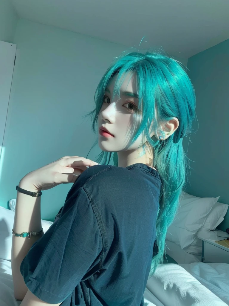 8K high quality，1 woman，Blue green hair，Turquoise green hair：1.5