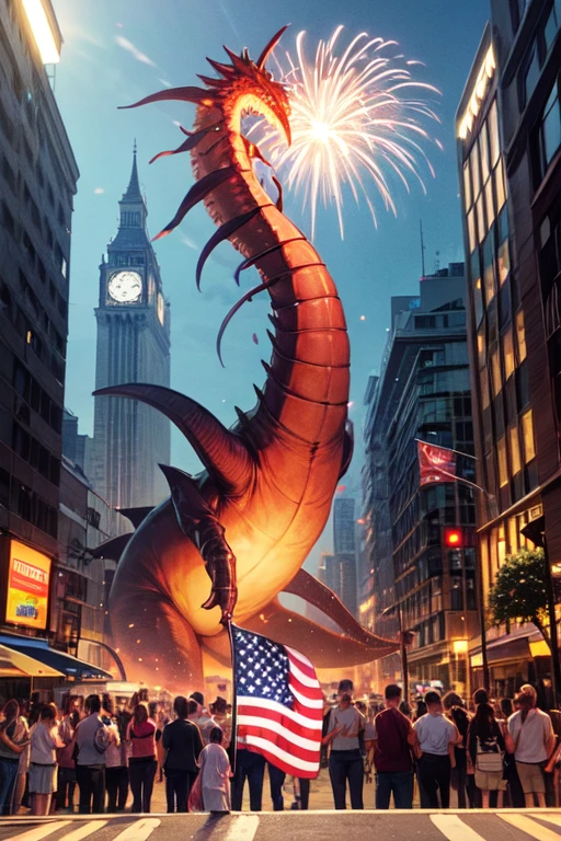 ((best quality)), cartoon, many monsters on street (group photo cartoon) waving American flags, shooting fireworks