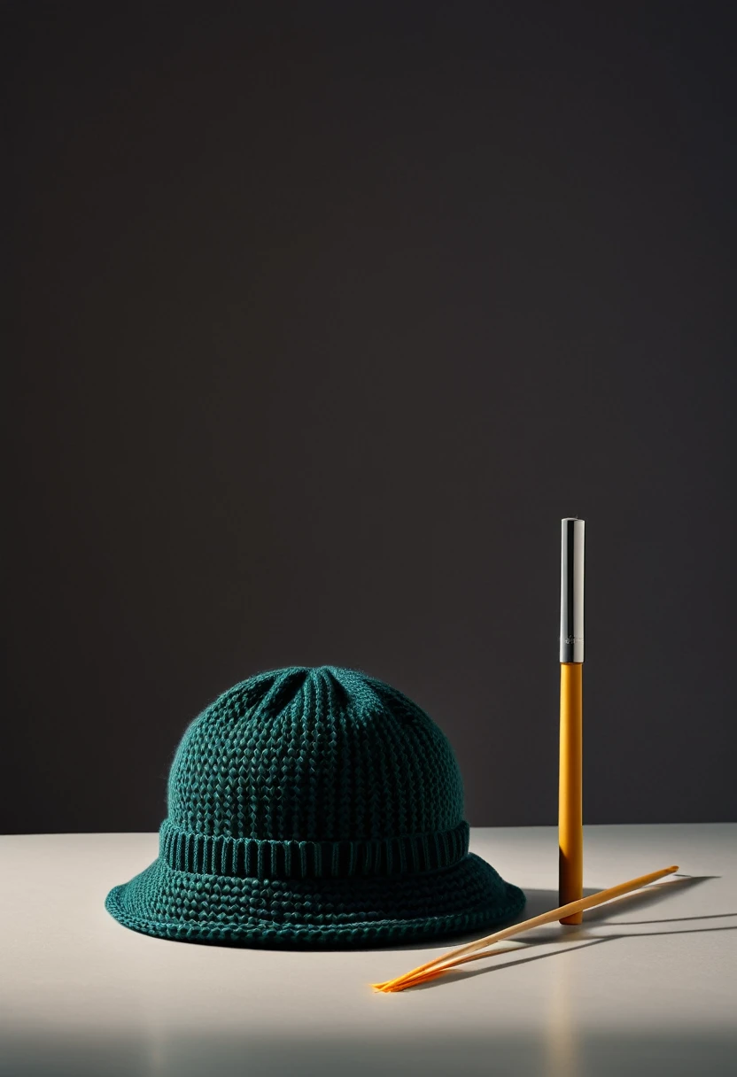 Still life photography, product photo, a knitted hat with bucket hat style, knitting needle, on table, soft dramatic lighting, clean background, minimalism style, ultra realistic, 8k, captured with hasselblad analog camera