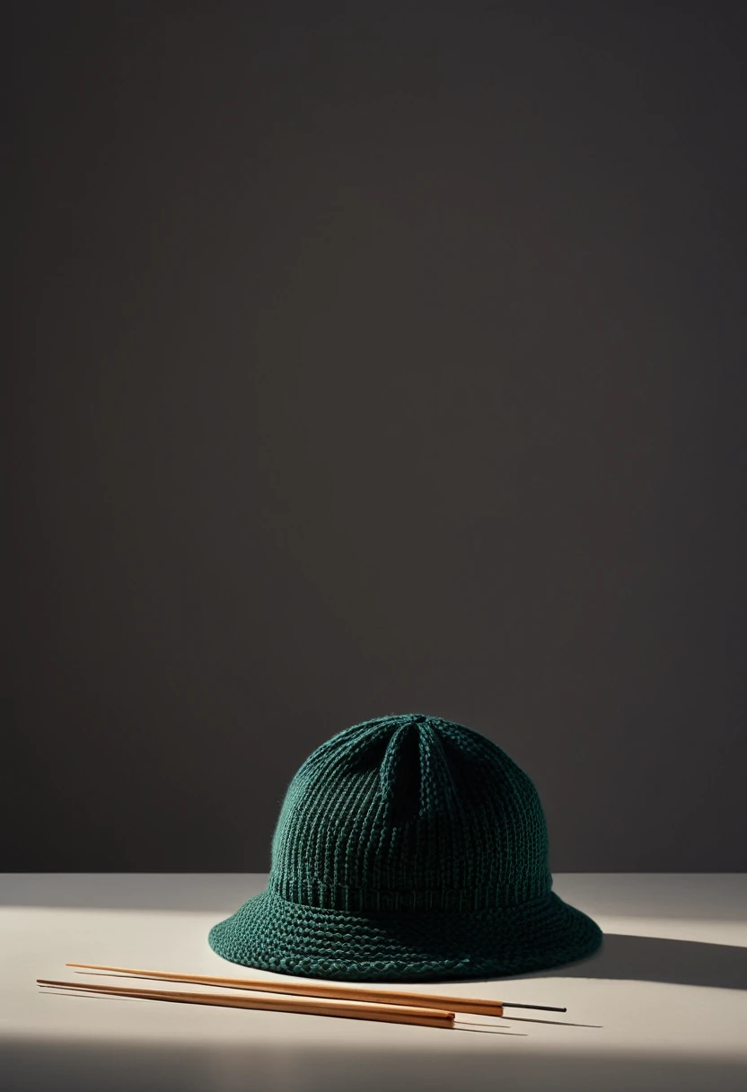 Still life photography, product photo, a knitted hat with bucket hat style, knitting needle, on table, soft dramatic lighting, clean background, minimalism style, ultra realistic, 8k, captured with hasselblad analog camera