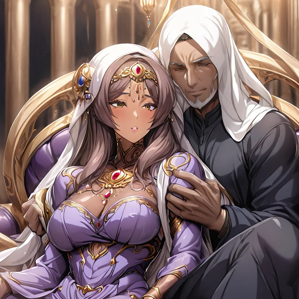 ((Highest quality)), ((masterpiece)), (detailed), (Perfect Face)、The woman is an Arab with vivid brown skin, a devout Muslim, and is living in an Islamic mansion wearing a gorgeous and glittering abaya with gold embroidery, a gorgeous hijab, a gorgeous hair ornament, gorgeous jeweled accessories and an engagement ring. The woman and the man are sitting on a gorgeous and large sofa in the luxurious room, and the woman is passionately embracing and passionately deep kissing the dignified, bearded, middle-aged Arab Muslim man wearing Arab national dress, making passionate love as a married couple.、The woman is an elegant Arab with blue, medium-long hair, wearing an abaya and a gorgeous hijab. She is a Muslim with a vivid brown skin.、(The woman is a dark-skinned Arab devout Muslim Extia.)、The man is a Muslim, dignified, strong-looking, bearded, middle-aged Arab man wearing traditional Arab clothing.