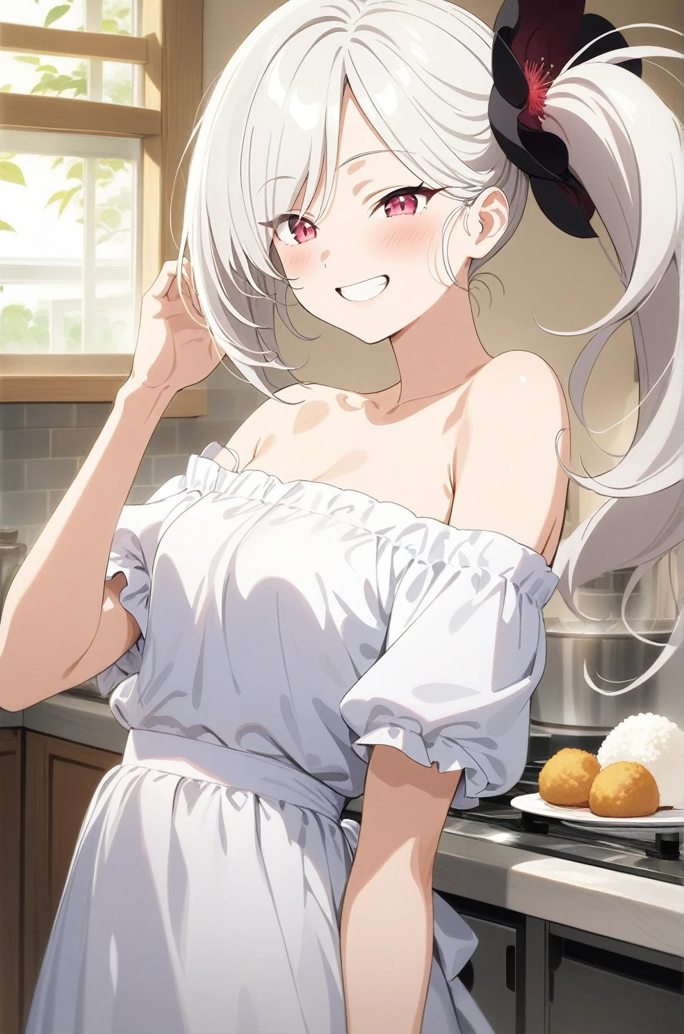best quality, amazing quality, very aesthetic, absurdres, (1girl, mutsuki, blue archive, solo, red eyes, white hair, side ponytail), (realistic face:0.9),(off-shoulder dress:1.8),dress lift, (grin, blush, thigh:1.3), (cowboy shot), (glowing eyes:1.1), (half closed eyes:0.9), (from side:2),(official art:1.3), (kitchen), expressive eyes, perfect face, 4k, extremely detailed anime illustration, extremely detailed eyes, perfect anatomy, light rays, extremely delicate body, smooth skin, (school background:1.5), clear eyes, beautiful face, small breasts,(anime style:1.5), (Chiaroscuro:1.5), (highres:2), In the kitchen, brightly lit by the morning sun, a woman in a white apron is smiling at us. In her right hand is a handful of rice balls, and in her left is a small white plate filled with salt. Her smile is as if she is saying, "Look, it's almost ready.