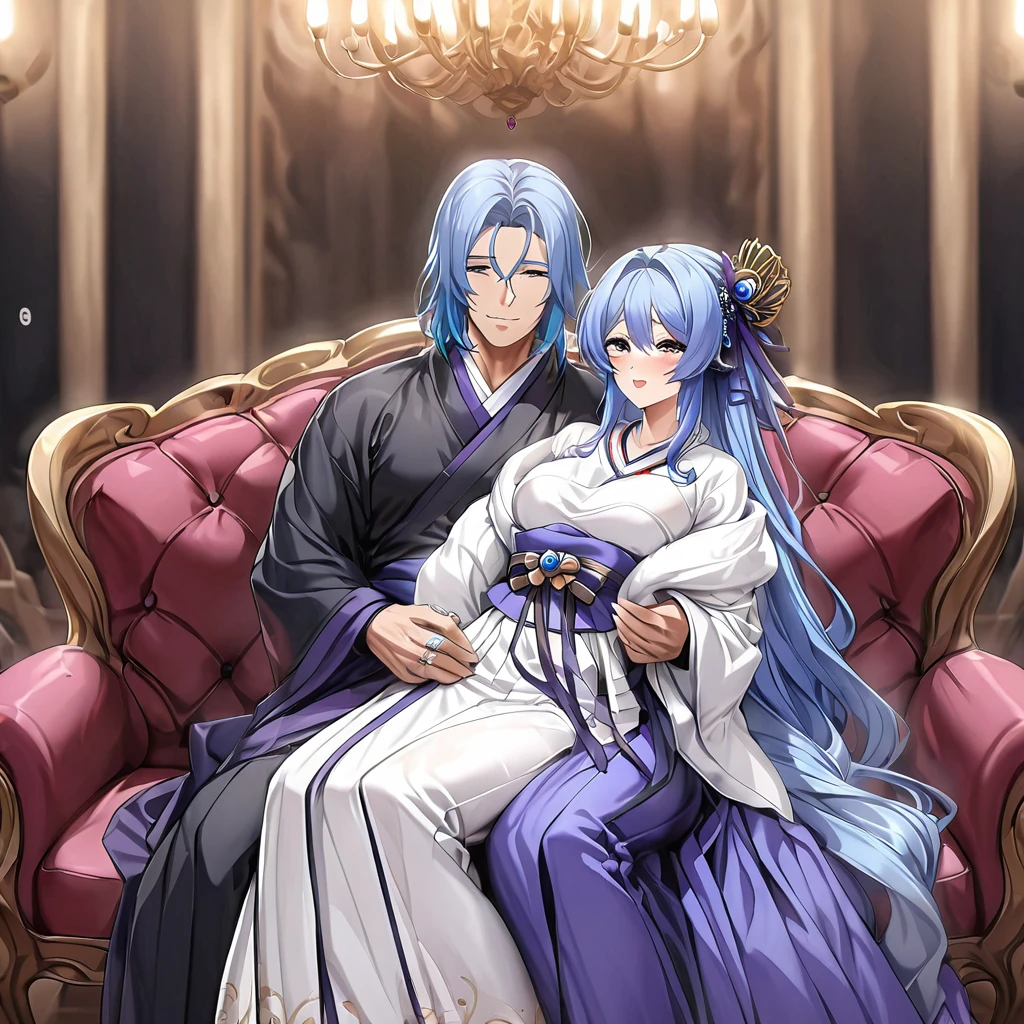 ((Highest quality)), ((masterpiece)), (detailed), (Perfect Face)、The woman is a Korean woman in an elegant Korean mansion, wearing a gorgeous and dazzling traditional Korean dress called a hanbok, a chogori, a gorgeous hair ornament, gorgeous jeweled accessories and an engagement ring. The man and woman are sitting on a gorgeous and large sofa in the luxurious room, and the woman is passionately embracing and passionately kissing the middle-aged Korean man wearing a dignified and sturdy hanbok, making passionate love as husband and wife.、The woman is an elegant Korean with medium-long blue hair.、The man is a dignified, sturdy middle-aged Korean man wearing the traditional Korean dress, Hanbok.