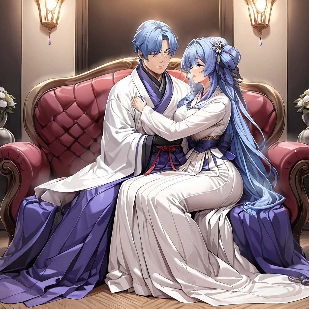 ((Highest quality)), ((masterpiece)), (detailed), (Perfect Face)、The woman is a Korean woman in an elegant Korean mansion, wearing a gorgeous and dazzling traditional Korean dress called a hanbok, a chogori, a gorgeous hair ornament, gorgeous jeweled accessories and an engagement ring. The man and woman are sitting on a gorgeous and large sofa in the luxurious room, and the woman is passionately embracing and passionately kissing the middle-aged Korean man wearing a dignified and sturdy hanbok, making passionate love as husband and wife.、The woman is an elegant Korean with medium-long blue hair.、The man is a dignified, sturdy middle-aged Korean man wearing the traditional Korean dress, Hanbok.