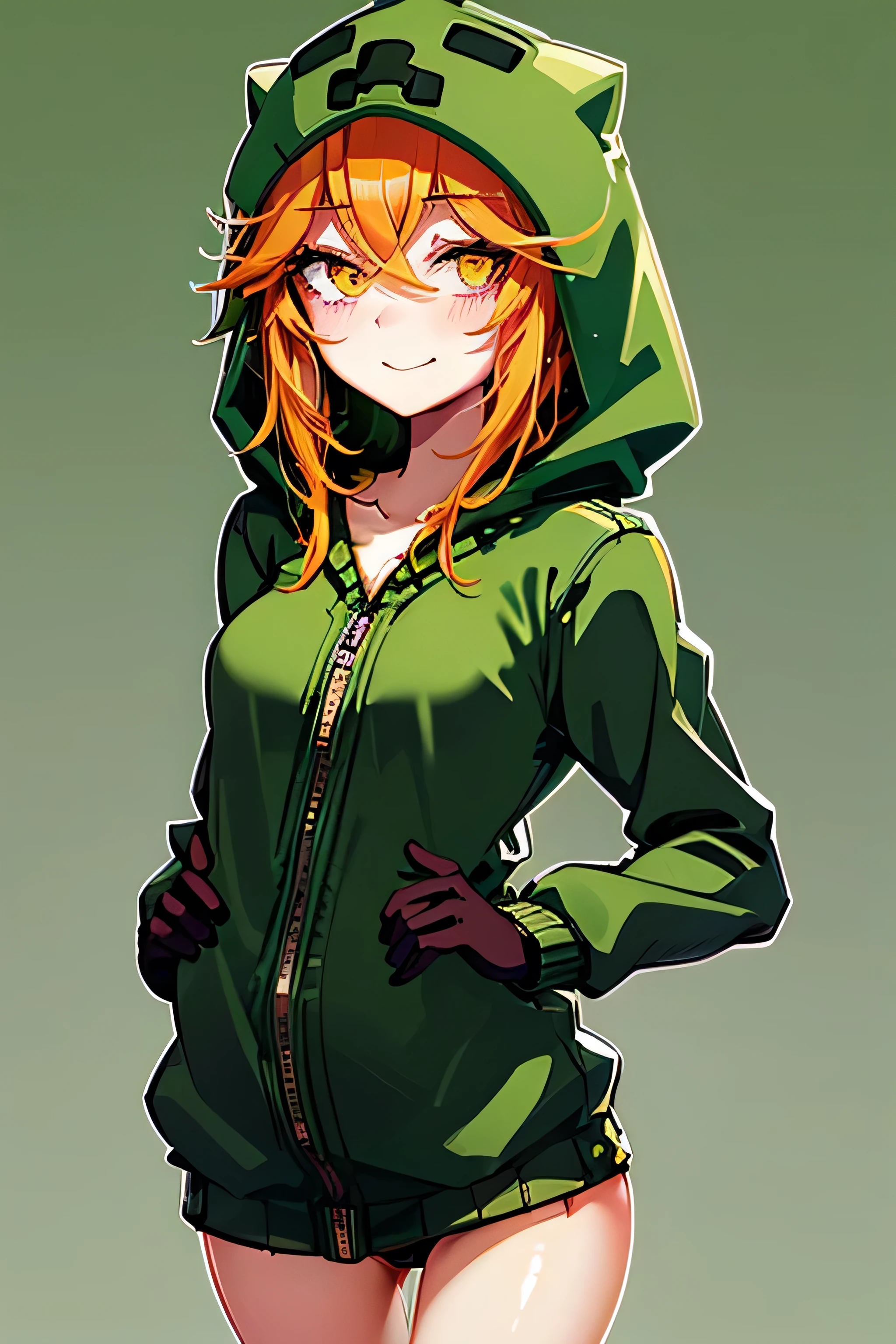 anime girl, creeper girl, orange hair, yellow eyes, blush, cute smile, slim figure, slender legs, long green hoodie, hood, green mini skirt, dark green stockings, black gloves, small breasts, butt