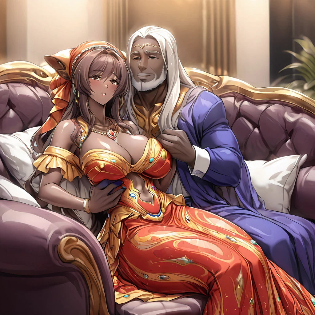 ((Highest quality)), ((masterpiece)), (detailed), (Perfect Face)、The woman is a black Ghanaian with vivid dark skin, and is wearing a gorgeous, colorful, glittering Ghanaian dress, a colorful headscarf, gorgeous jeweled accessories and an engagement ring in a luxurious Ghanaian mansion. The man and woman are sitting on a luxurious, large sofa in a luxurious room, and the woman is passionately embracing and passionately deep kissing the dignified, bearded, middle-aged Ghanaian man wearing Ghanaian national dress, making passionate love as a married couple.、The woman is an elegant, beautiful woman with blue semi-long hair, wearing a colorful Ghanaian dress, a colorful headscarf, and a bright black-brown complexion.、(The woman is a black Ghanaian with vivid dark brown skin.)、The man is a dignified, burly, bearded Ghanaian man wearing a smock.