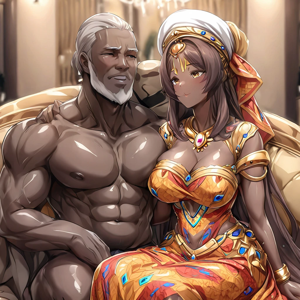 ((Highest quality)), ((masterpiece)), (detailed), (Perfect Face)、The woman is a black Ghanaian with vivid dark skin, and is wearing a gorgeous, colorful, glittering Ghanaian dress, a colorful headscarf, gorgeous jeweled accessories and an engagement ring in a luxurious Ghanaian mansion. The man and woman are sitting on a luxurious, large sofa in a luxurious room, and the woman is passionately embracing and passionately deep kissing the dignified, bearded, middle-aged Ghanaian man wearing Ghanaian national dress, making passionate love as a married couple.、The woman is an elegant, beautiful woman with blue semi-long hair, wearing a colorful Ghanaian dress, a colorful headscarf, and a bright black-brown complexion.、(The woman is a black Ghanaian with vivid dark brown skin.)、The man is a dignified, burly, bearded Ghanaian man wearing a smock.