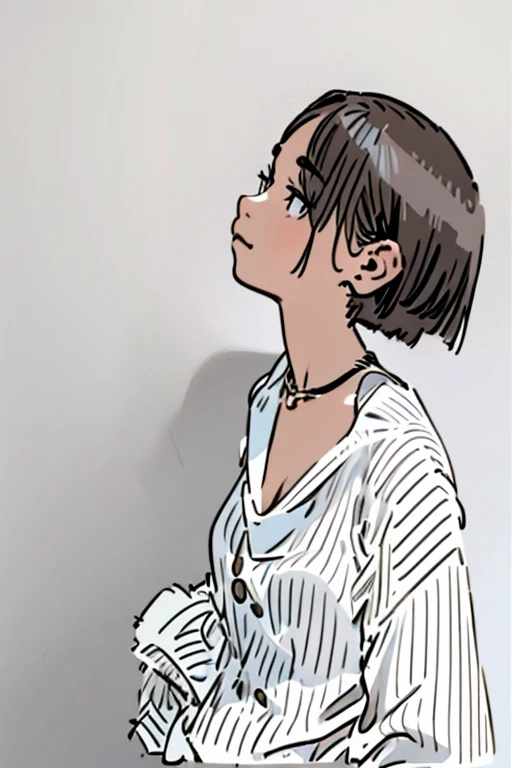 The image shows a person with a stylish short haircut. Their hair is parted to one side, with some strands falling over their face, giving a casual and chic look. They are wearing a white blouse with black vertical stripes and a delicate necklace. The overall appearance is modern and fashionable, with a minimalistic yet sophisticated style.