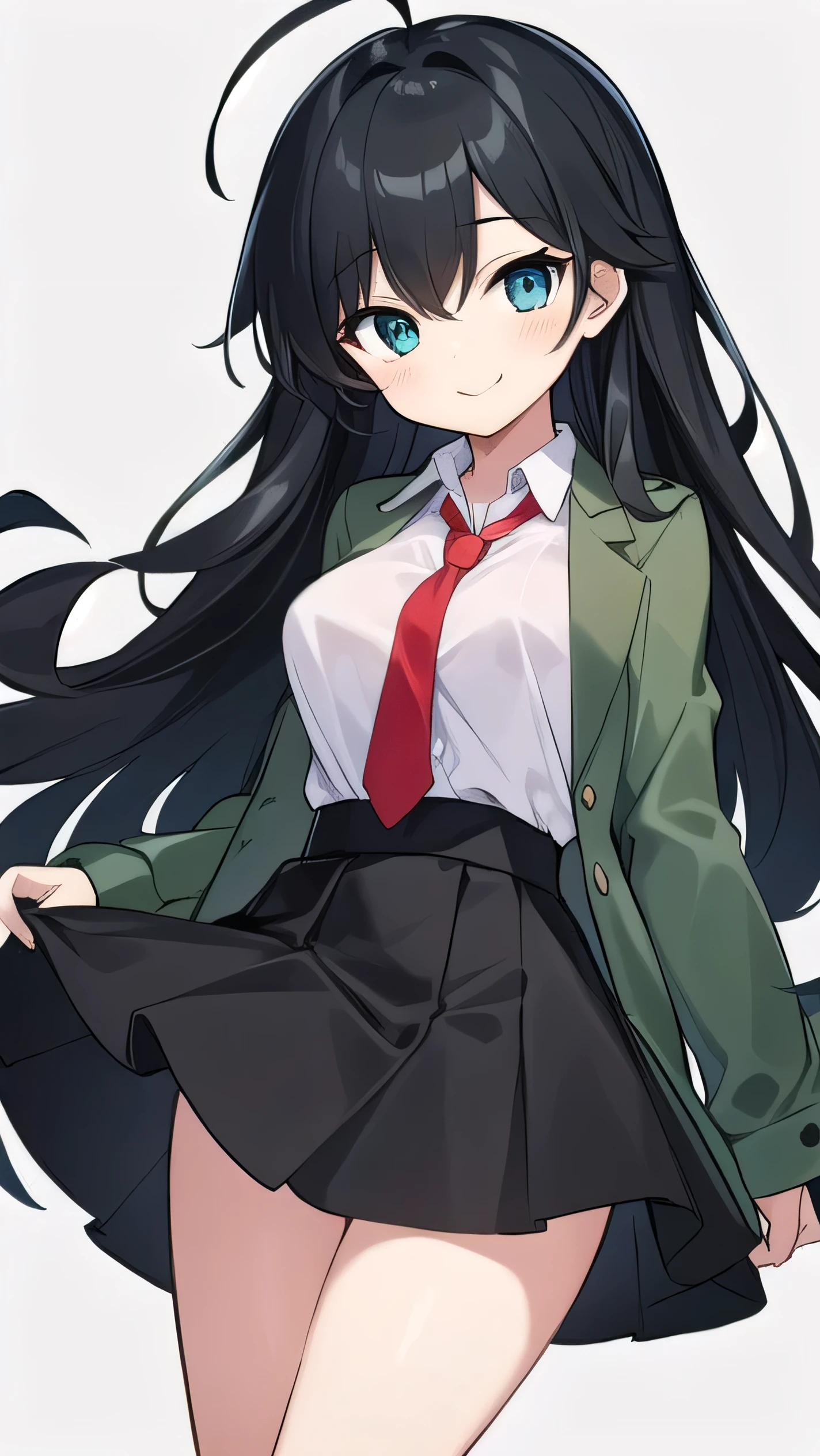 Junior high school student who looks like an elementary school student, 10 years old, very short, 140 cm tall, black hair with a slight green tinge, short ahoge, beautiful long hair but with a little hair sticking out, beautiful round eyes, blue eyes, smile, boyish, long sleeves, Thick clothes, skirt, big breasts, hair longer than waist, long hair, childish face, gentle smile, a little shy, black skirt, black hair with a slight green tinge, boyish, gentle smile, jacket one size larger, ( Deep greenish black hair: 1.3), dark green jacket, white shirt, (red tie:1.5), black skirt