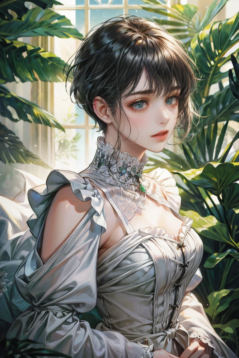 black hair woman, fringe on the sides, looking at the viewer, green eyes, white dress with ruffles, Princess