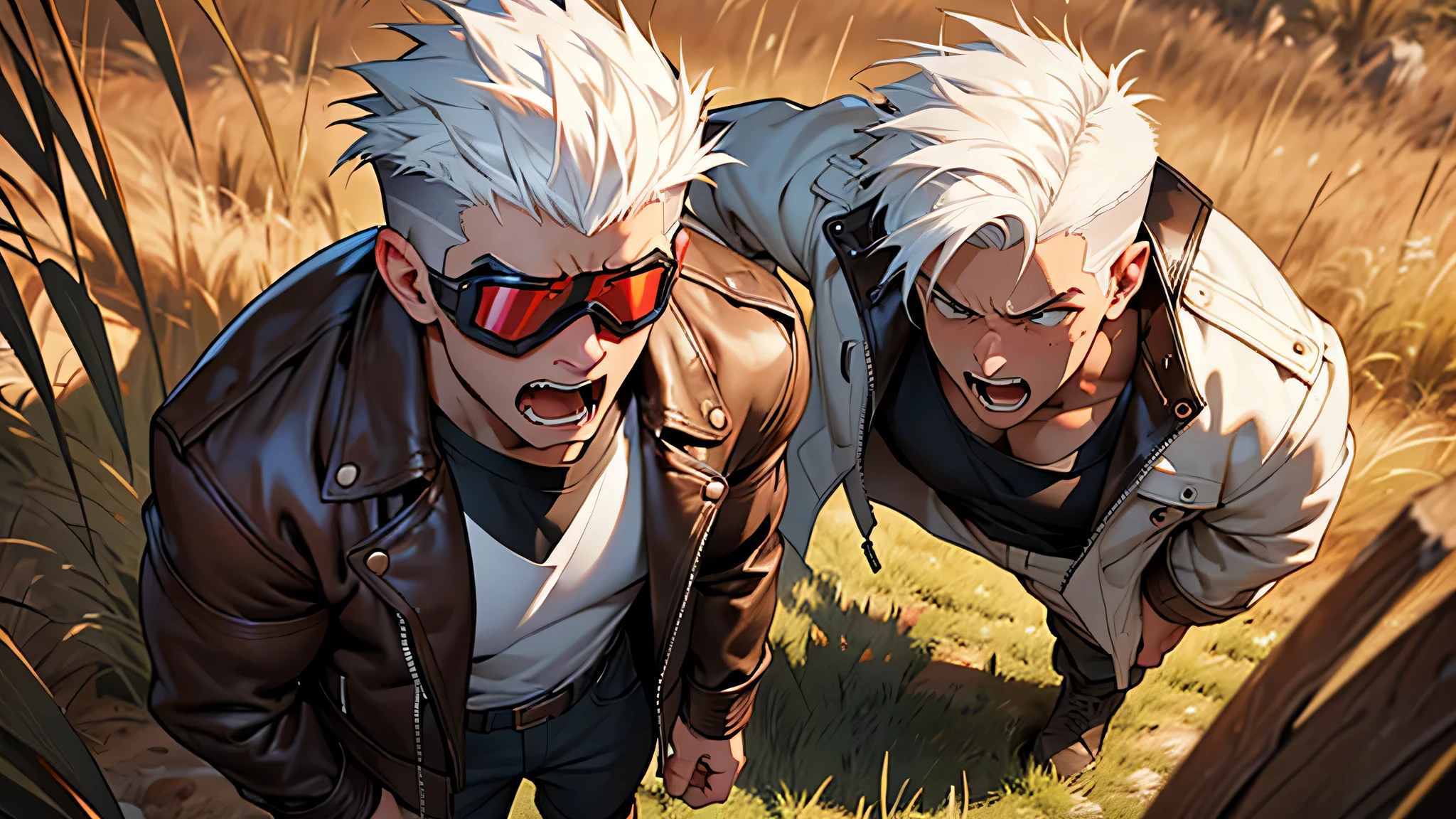 4k ultra high quality, human man, square jaw, red goggles over his eyes, white hair high top cut shaved on the sides, brown bomber leather jacket with white fur collar, black shirt and pants, distraught look on his face shouting, shocked, standing in field of mud tall yellow grass