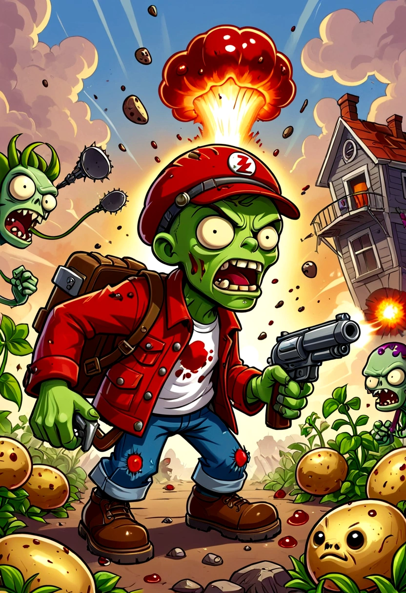 Plants vs. Zombies,Defense War Game,fear,bloody,Old,Zombies,Violence,Peashooter,Potato Mine Explosion,Ragged clothes,Exaggerated art illustration,