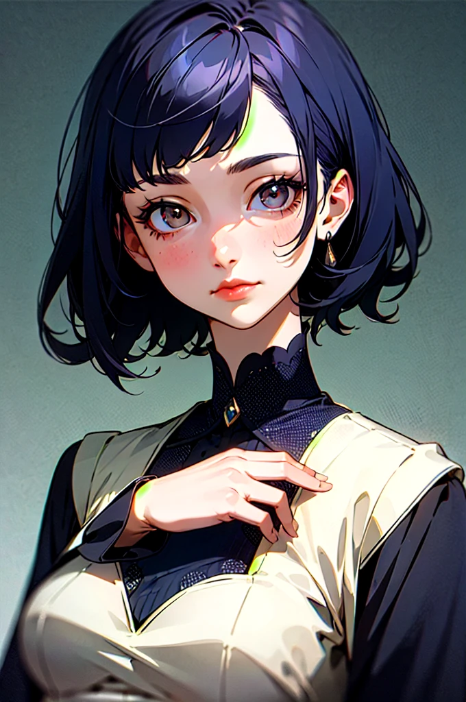 woman with short dark blue hair, dressed elegantly, with straight bangs, elegant, polka dots on her face, white eyes