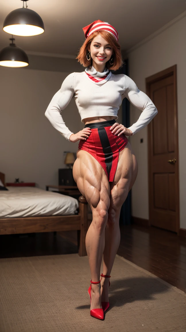 (Muscular:2.5), (thick thighs:2.4),
french female, (red hair, pale skin:1.4), (big smile:1.8), short hair,
(eyeshadow, lipstick, red lips, hoop earrings:1.3)
(neck bandana:1.5), (black and white clothing), (frenchgirlstyle, blue striped pullover, horizontal stripes:1.5), (beret:1.3), (pencil skirt, skirt slit:1.8), (pantyhose:1.4), (stiletto heels:1.7),
looking at viewer, (three quarter view:1.5), (from above), (full body view), standing,
(dark bedroom), rim lighting, detailed skin, detailed eyes, two tone lighting, bokeh