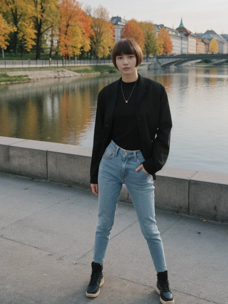 her name is Asako, high quality, 1girl, ((20-year-old fit Caucasian woman)), ((20 years old)), ((slim)), ((Edgy Bowl Cut hair)), pose: standing, wearing edgy Generation-Z modern wear bright colored, BACKGROUND:In the Letná Park, with panoramic views of the Vltava River and the historic city center