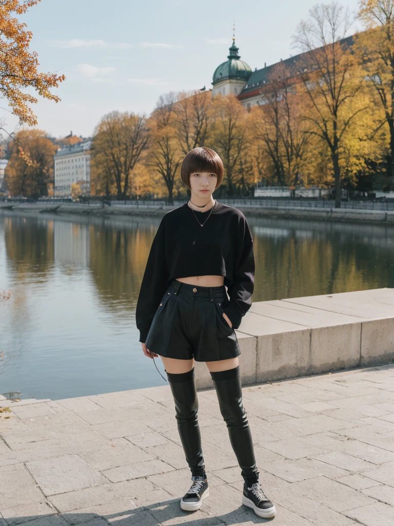 her name is Asako, high quality, 1girl, ((20-year-old fit Caucasian woman)), ((20 years old)), ((slim)), ((Edgy Bowl Cut hair)), pose: standing, wearing edgy Generation-Z modern wear bright colored, BACKGROUND:In the Letná Park, with panoramic views of the Vltava River and the historic city center
