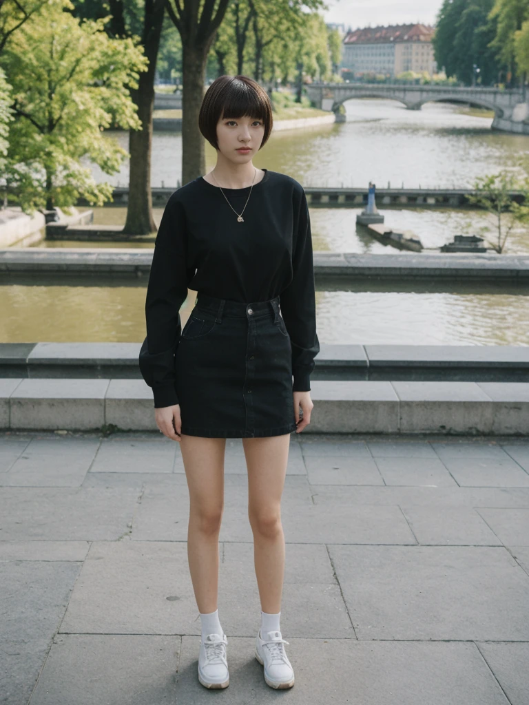 her name is Asako, high quality, 1girl, ((20-year-old fit Caucasian woman)), ((20 years old)), ((slim)), ((Edgy Bowl Cut hair)), pose: standing, wearing edgy Generation-Z modern wear bright colored, BACKGROUND:In the Letná Park, with panoramic views of the Vltava River and the historic city center