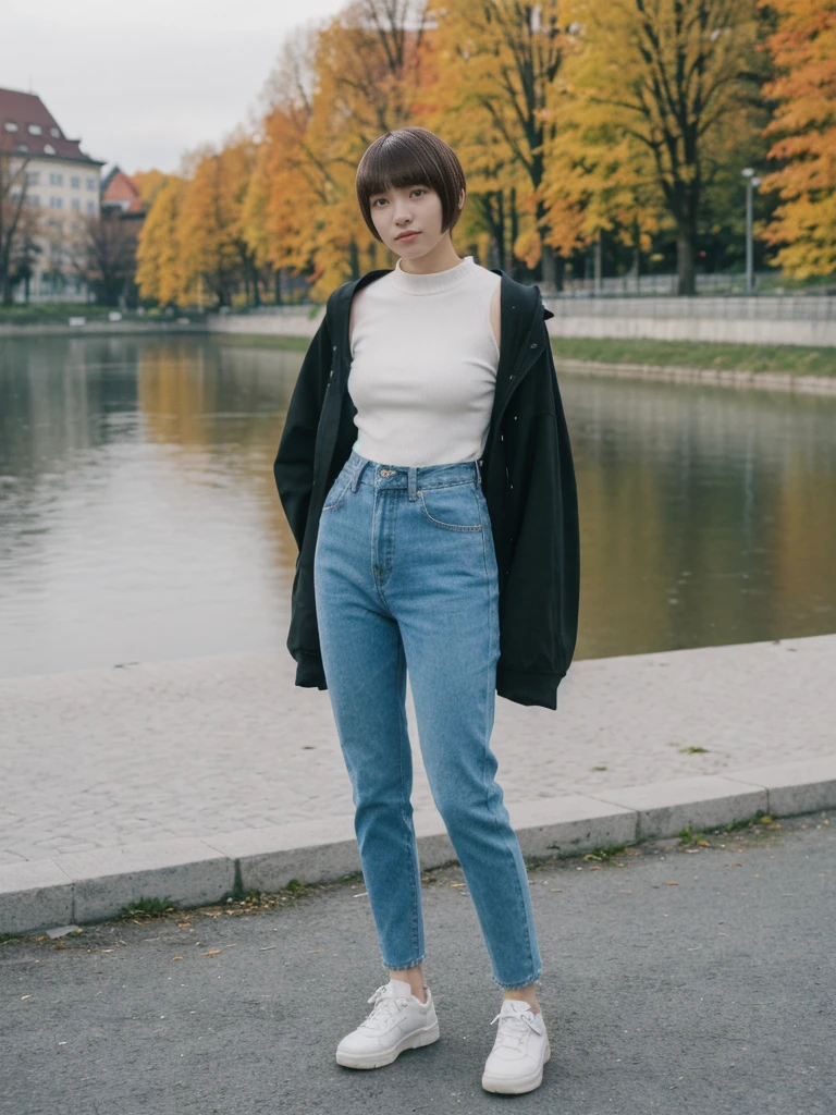 her name is Asako, high quality, 1girl, ((20-year-old fit Caucasian woman)), ((20 years old)), ((slim)), ((Edgy Bowl Cut hair)), pose: standing, wearing edgy Generation-Z modern wear bright colored, BACKGROUND:In the Letná Park, with panoramic views of the Vltava River and the historic city center