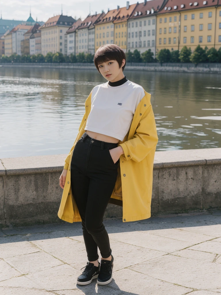 her name is Asako, high quality, 1girl, ((20-year-old fit Caucasian woman)), ((20 years old)), ((slim)), ((Edgy Bowl Cut hair)), pose: standing, wearing edgy Generation-Z modern wear bright colored, BACKGROUND:In the Letná Park, with panoramic views of the Vltava River and the historic city center