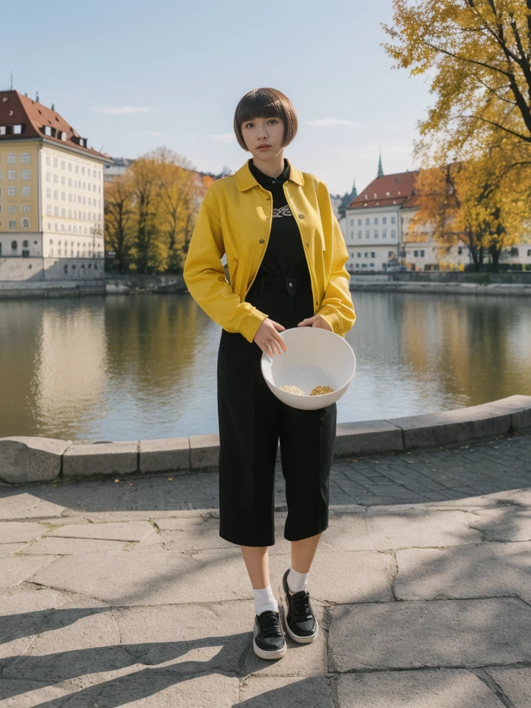 her name is Asako, high quality, 1girl, ((20-year-old fit Caucasian woman)), ((20 years old)), ((slim)), ((Edgy Bowl Cut hair)), pose: standing, wearing edgy Generation-Z modern wear bright colored, BACKGROUND:In the Letná Park, with panoramic views of the Vltava River and the historic city center