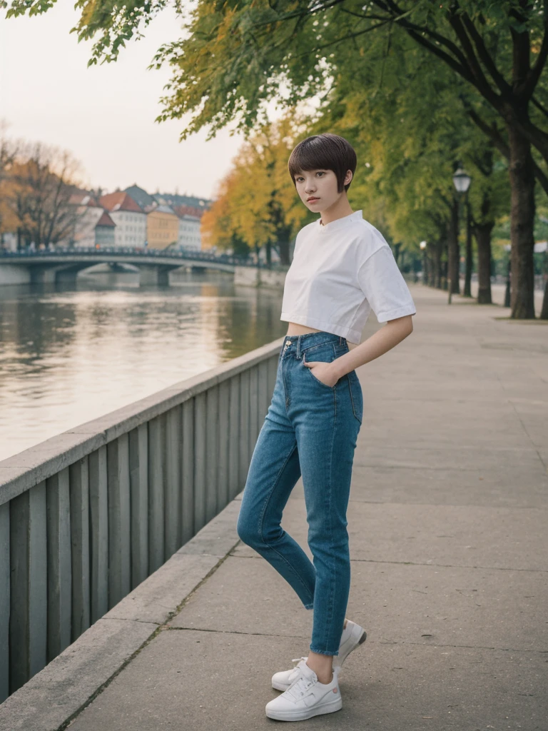 her name is Asako, high quality, 1girl, ((20-year-old fit Caucasian woman)), ((20 years old)), ((slim)), ((Edgy Bowl Cut hair)), pose: standing, wearing edgy Generation-Z modern wear bright colored, BACKGROUND:In the Letná Park, with panoramic views of the Vltava River and the historic city center