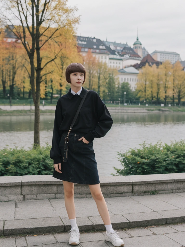 her name is Asako, high quality, 1girl, ((20-year-old fit Caucasian woman)), ((20 years old)), ((slim)), ((Edgy Bowl Cut hair)), pose: standing, wearing edgy Generation-Z modern wear bright colored, BACKGROUND:In the Letná Park, with panoramic views of the Vltava River and the historic city center