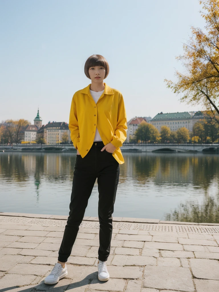 her name is Asako, high quality, 1girl, ((20-year-old fit Caucasian woman)), ((20 years old)), ((slim)), ((Edgy Bowl Cut hair)), pose: standing, wearing edgy Generation-Z modern wear bright colored, BACKGROUND:In the Letná Park, with panoramic views of the Vltava River and the historic city center