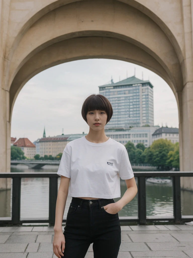 her name is Asako, high quality, 1girl, ((20-year-old fit Caucasian woman)), ((20 years old)), ((slim)), ((Edgy Bowl Cut hair)), pose: standing, wearing edgy Generation-Z modern wear bright colored, BACKGROUND:In the Letná Park, with panoramic views of the Vltava River and the historic city center