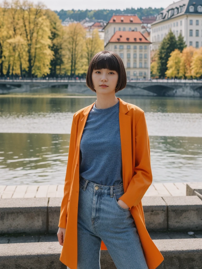 her name is Asako, high quality, 1girl, ((20-year-old fit Caucasian woman)), ((20 years old)), ((slim)), ((Edgy Bowl Cut hair)), pose: standing, wearing edgy Generation-Z modern wear bright colored, BACKGROUND:In the Letná Park, with panoramic views of the Vltava River and the historic city center