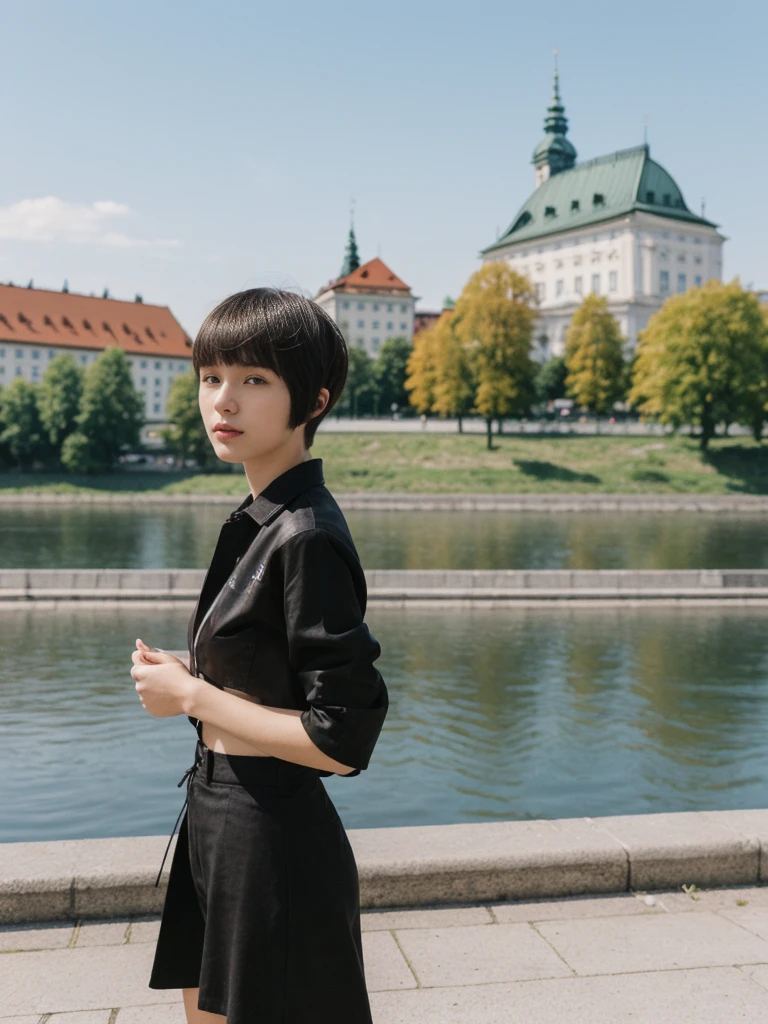her name is Asako, high quality, 1girl, ((20-year-old fit Caucasian woman)), ((20 years old)), ((slim)), ((Edgy Bowl Cut hair)), pose: standing, wearing edgy Generation-Z modern wear bright colored, BACKGROUND:In the Letná Park, with panoramic views of the Vltava River and the historic city center